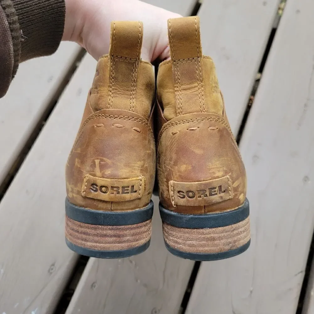 Sorel Emelie Camel Tan Brown Oiled Leather Waterproof Chelsea Ankle Boots Bootie_6